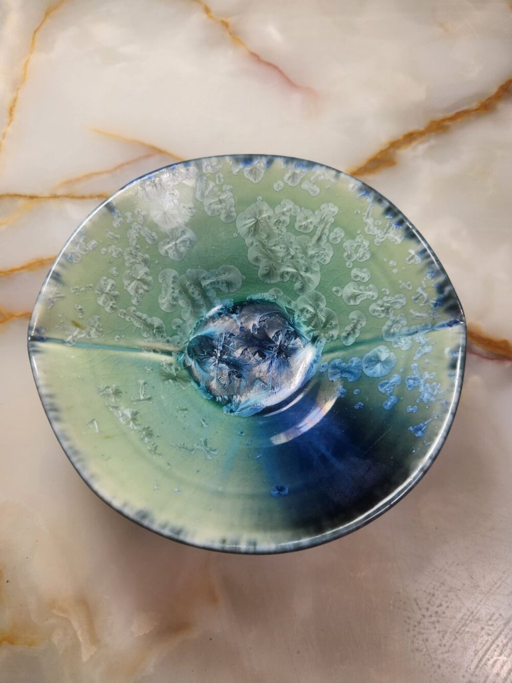 Bill Campbell Handcrafted Signed Ceramic Bowl Studio Art With Blue & Green Cryst